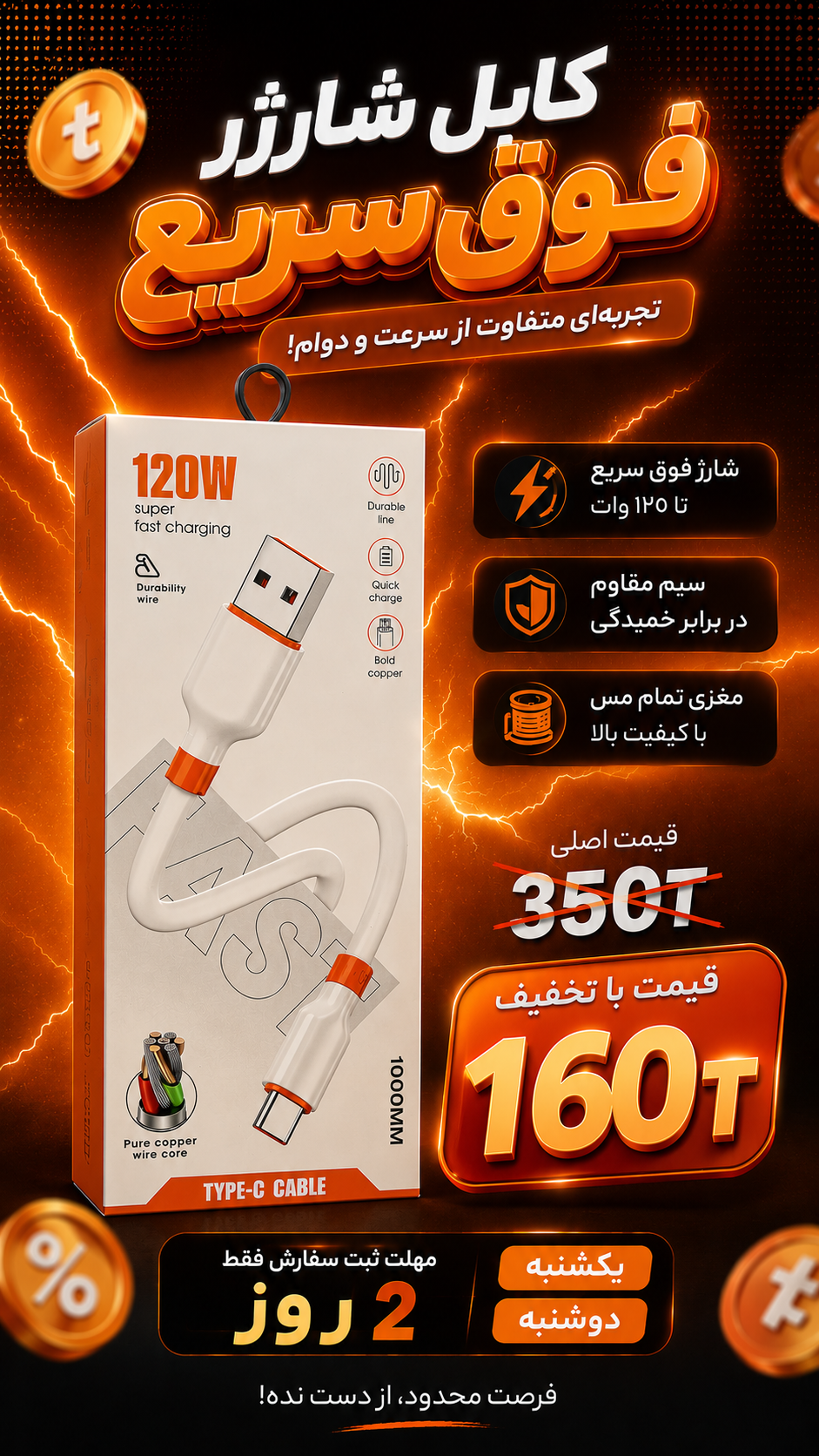 کابل شارژ Type-C فست شارژ